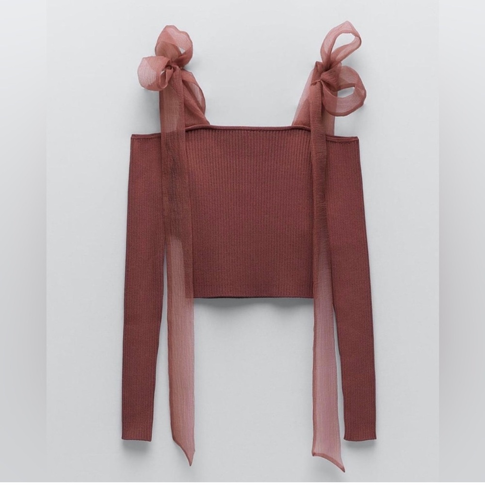 Zara Organza Tie Shoulder Ribbed Sweater